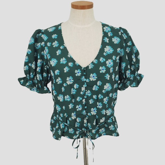 Outerknown Tops - Outerknown L Astral Floral Print Puff Sleeve Tie Waist V Neck Blouse Green Blue